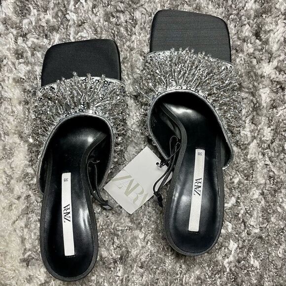 NWT Zara Sparkly Beaded Heeled Sandals - Picture 6 of 10